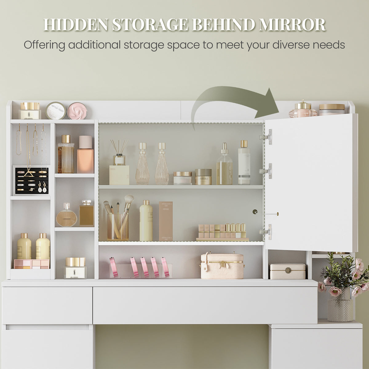 HEXCELEN 120 cm dressing table with mirror, large mirror, vanity table with 8 drawers and 11 open compartments, integrated jewelry tray, 40 × 120 × 141 cm, white,120203X