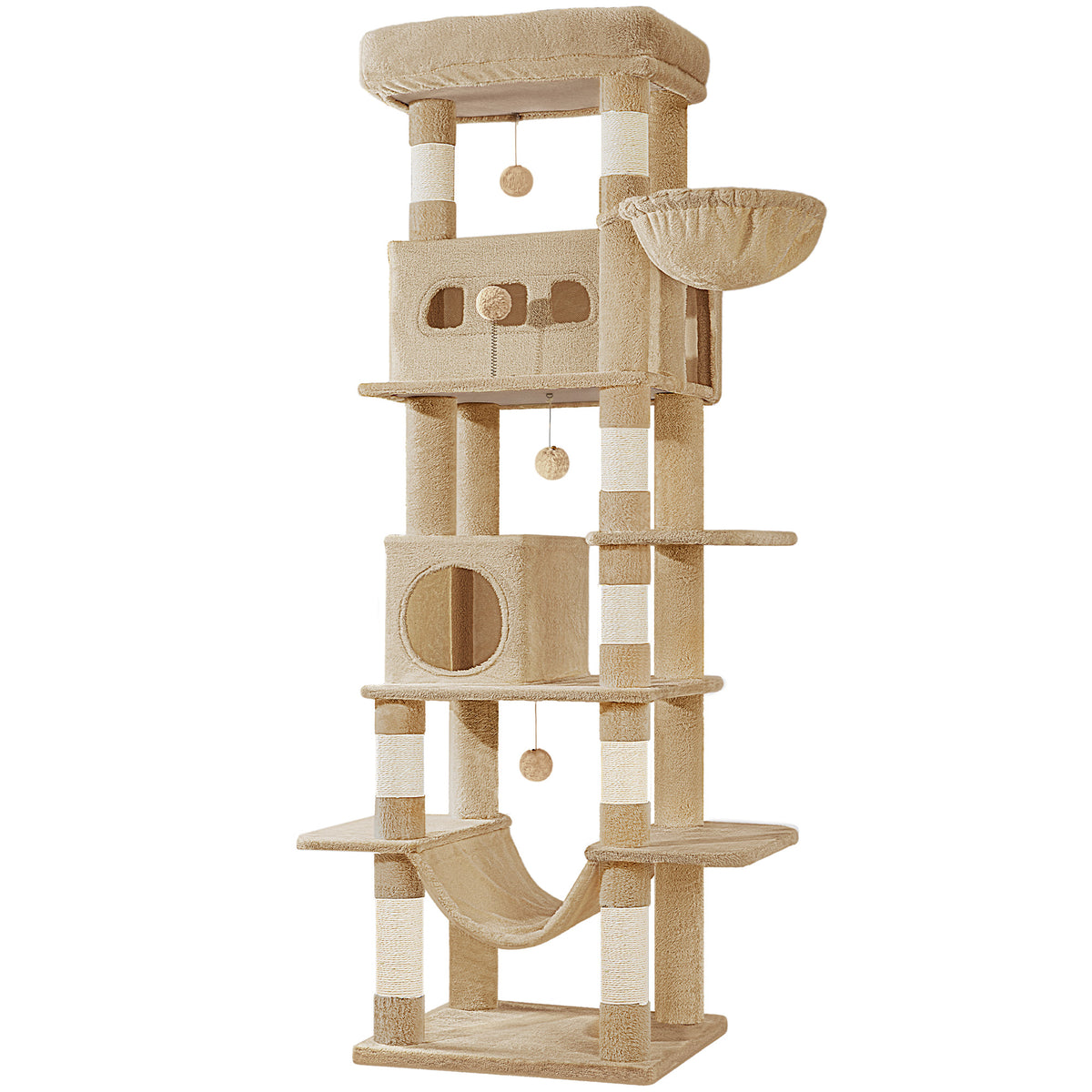 joyunite Cat Tree for Indoor Cats, 170 cm Large Tall Cat Tower, Multi-Level Cats House with Condo, 8 Scratching Posts, Hammock, 4 Pom Poms, Camel Brown MS17018LC