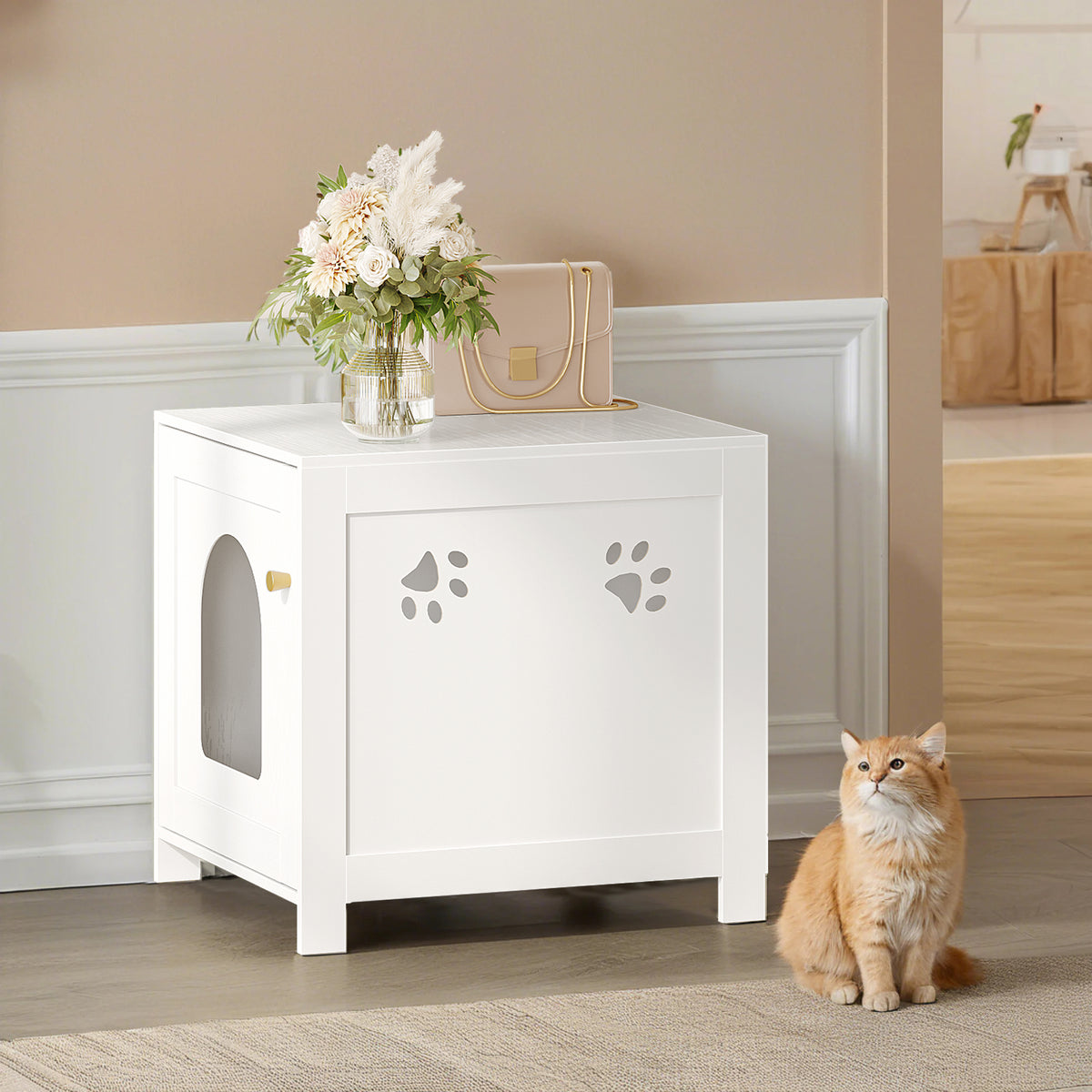 joyunite Cat Litter Box Enclosure, 52 cm L Hidden Litter Box Furniture, Wooden Indoor Pet House with Front Arched Door, Side End Table, Nightstand for Living Room, Bedroom, White CB82213X