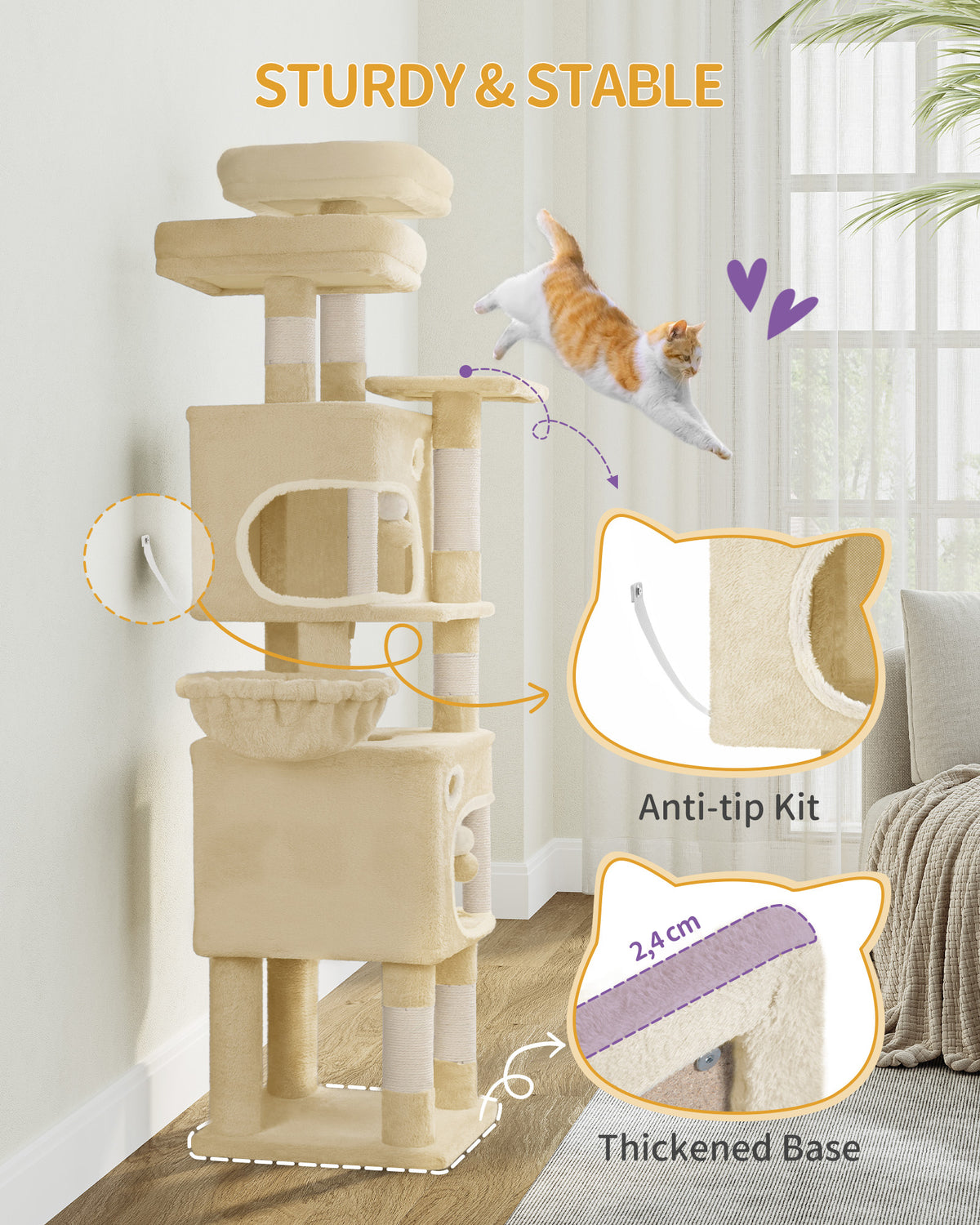 joyunite Cat Tree, 159 cm with 8 Scratching Posts, Beige with 3 Platforms, 2 Caves, Basket, Plush Balls, Sisal Rope, Suitable for Cats of Various Sizes, MS15918YL
