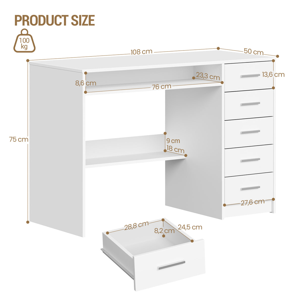 joyunite Computer Desk with 5 Drawers, Office Desk, Modern Table with Shelf for Study, Office, Bedroom, 50 x 108 x 75 cm, White CD10503X