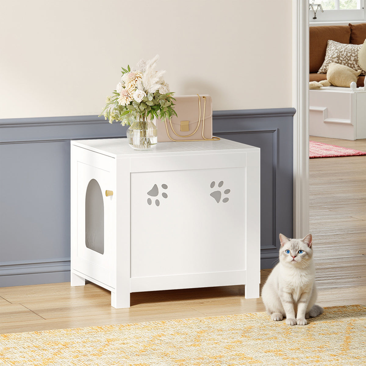 joyunite Cat Litter Box Enclosure, 52 cm L Hidden Litter Box Furniture, Wooden Indoor Pet House with Front Arched Door, Side End Table, Nightstand for Living Room, Bedroom, White CB82213X