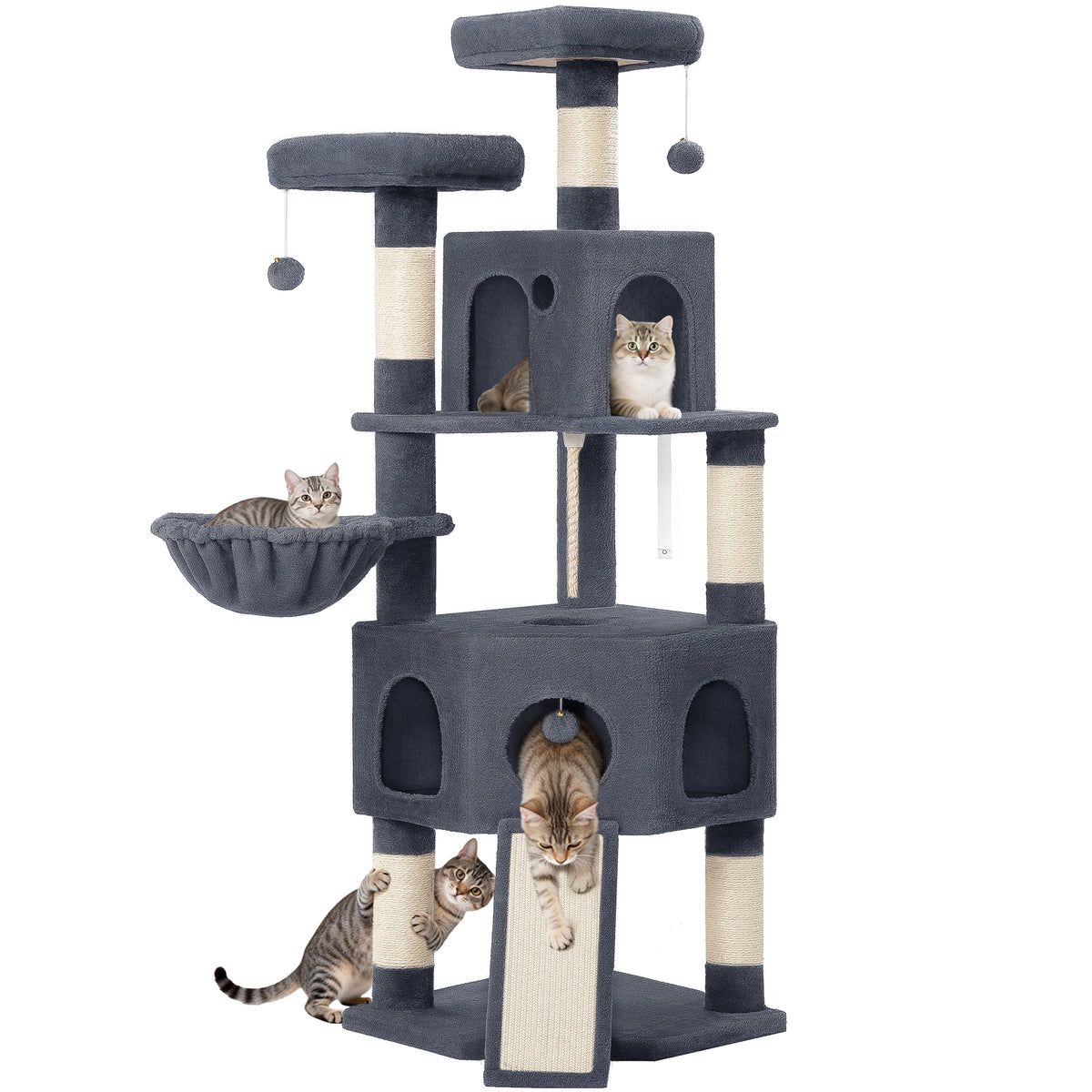 joyunite Cat Tree for Indoor Cats, 174cm Cat Tower for Large Cats, 2 Platforms, 2 Caves, 4 Sisal Posts, Scratching Board, Cat Basket, Sisal Rope, Heavy-Duty for multiple cats, Dark Grey MS17418SG