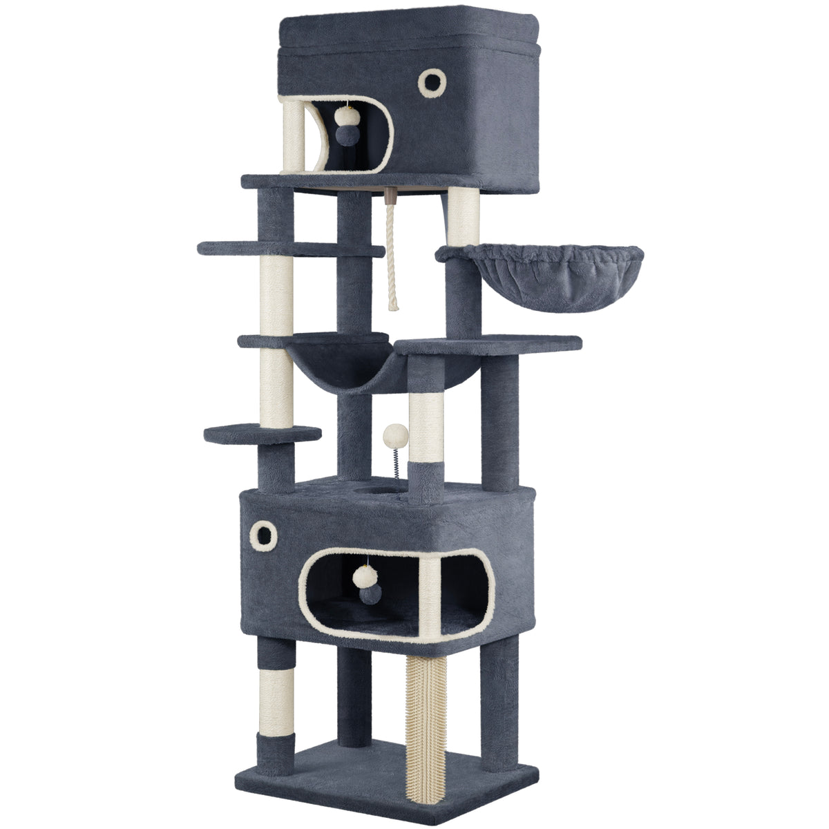 joyunite 178 cm Cat Tree for Indoor Cats, Multi-layer Scratching Post with Large Platform, 2 Caves, 7 Sisal Posts, Pompoms, Cat Basket, Hammock, Suitable for Cats, Dark Grey MS17818SG