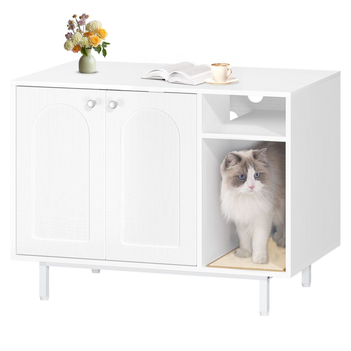joyunite Cat Litter Box Enclosure, Hidden Litter Box Furniture with Scratching Mat, Wooden Pet House Side End Table, Tall Legs, Double Doors, 80 x 50 x 61 cm, White CB01513W
