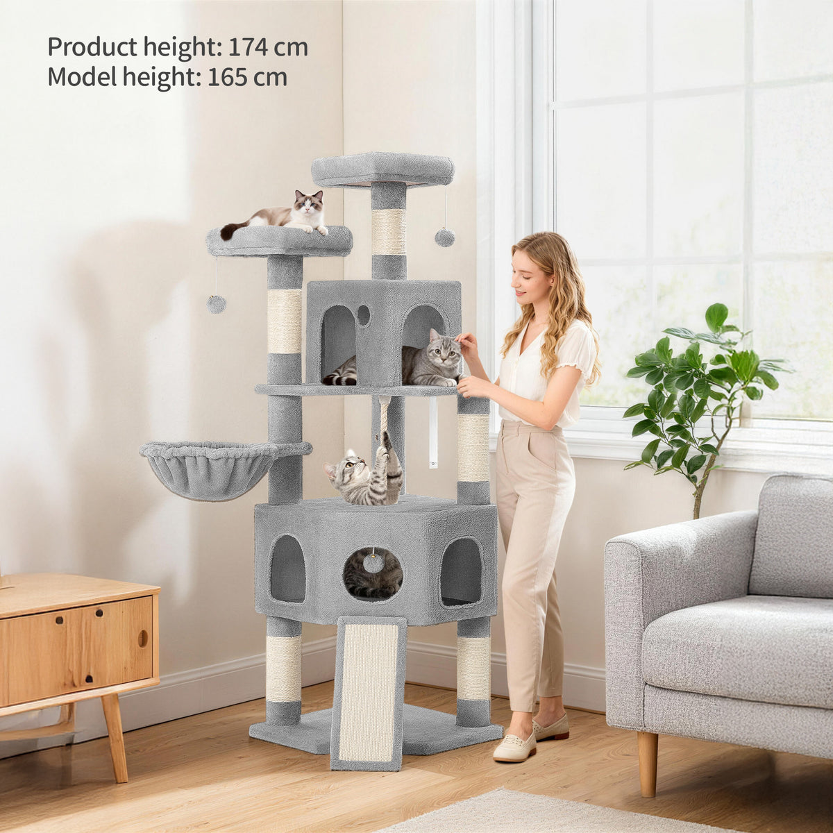 joyunite Cat Tree for Indoor Cats, 174cm Cat Tower for Large Cats, 2 Platforms, 2 Caves, 4 Sisal Posts, Scratching Board, Cat Basket, Sisal Rope, Heavy-Duty for multiple cats, Light Grey MS17418LG