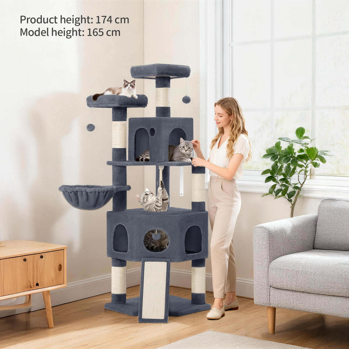 joyunite Cat Tree for Indoor Cats, 174cm Cat Tower for Large Cats, 2 Platforms, 2 Caves, 4 Sisal Posts, Scratching Board, Cat Basket, Sisal Rope, Heavy-Duty for multiple cats, Dark Grey MS17418SG