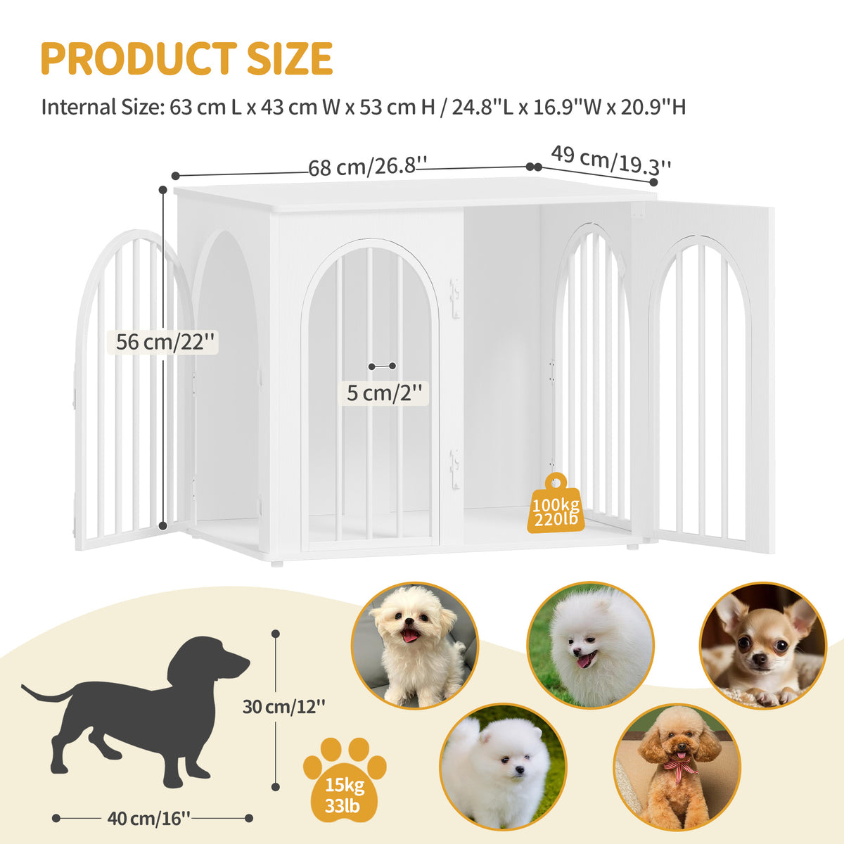 joyunite Dog Cage Furniture, 68cm Dog Box for Home, 3 Doors, Arched Door, Modern Indoor Dog Crate for Dogs, Side Table, Heavy Duty Dog Cage, 68 x 49 x 56 cm, White DFC85513W