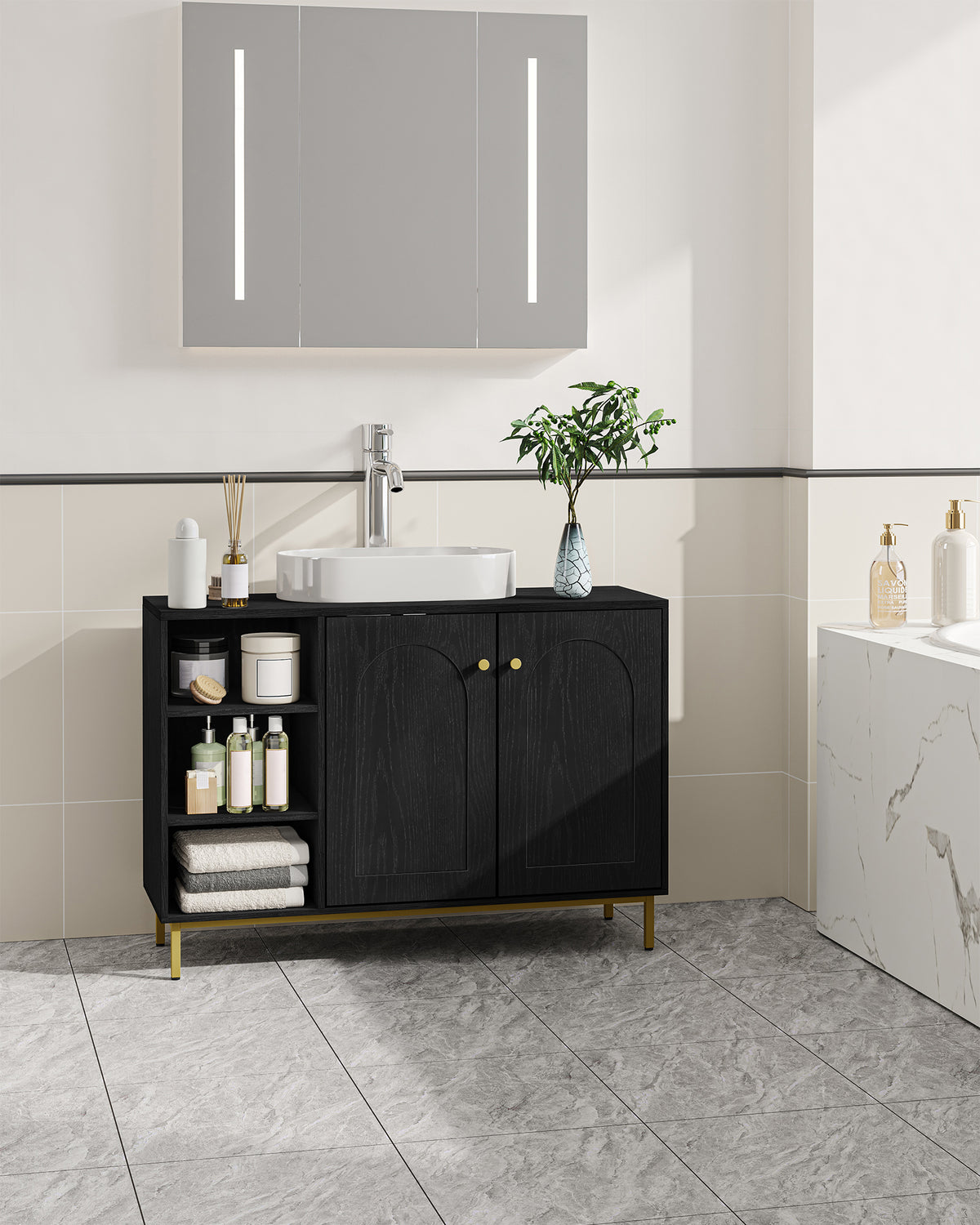 joyunite Vanity Unit, Base Cabinet, Washbasin Cabinet, Bathroom Cabinet with 2 Doors, Adjustable Shelf, Ample Storage Space, Modern Style, 30 x 90 x 63 cm, Black BC09804G