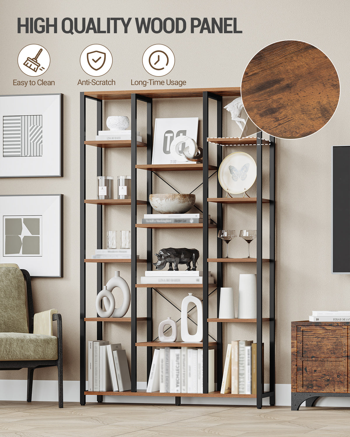joyunite 6-Level Bookshelf with 15 Adjustable Shelves, Vintage Brown-Black, 30 x 100 x 170 cm