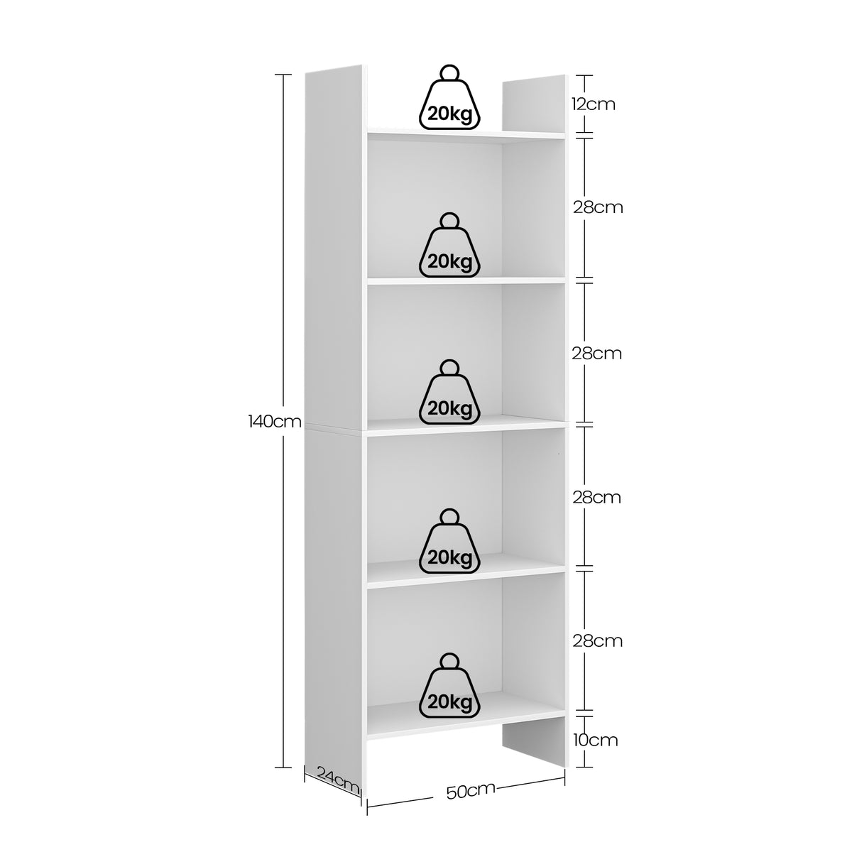 joyunite Bookcase, 5 tier Bookshelf, White Bookcases Free Standing with Shelf Unit, Home Decor Furniture for Living Room, Home Office, Bedroom, Study, 24 x 50 x 140 cm, White, BC06503X