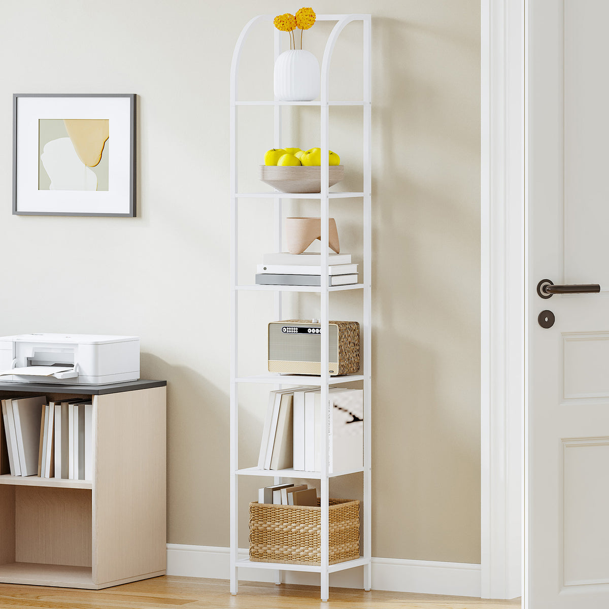 joyunite Bookcase, 6-Tier Bookshelf, Narrow Bookcase Shelving Unit for Living Room, Office, Sturdy, Bedroom, 30 x 33.6 x 182.5 cm, Industrial, White, BC56013W