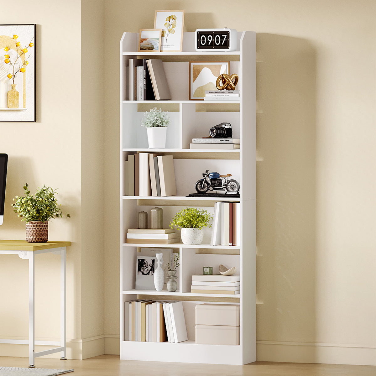 joyunite Bookshelf, Bookcase, with 7 Shelves, Storage Shelf, Freestanding Shelf, for Living Room, Office, Bedroom, 24 x 60 x 199.2 cm, White BC11703X