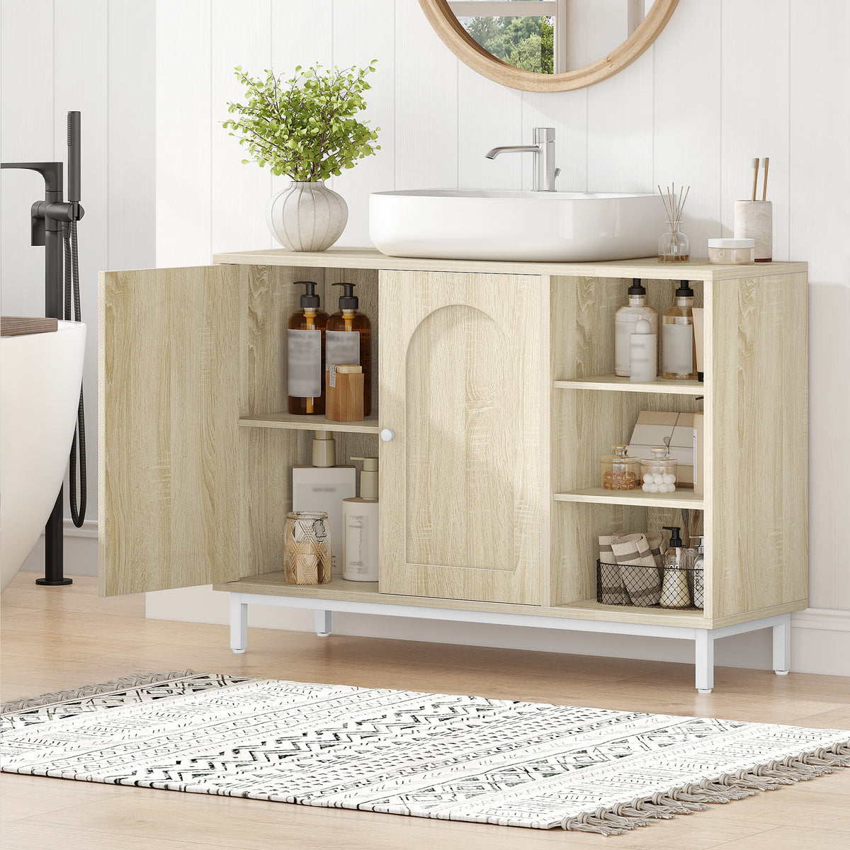 joyunite vanity unit, base cabinet, washbasin cabinet, bathroom cabinet with 2 doors, adjustable shelf, ample storage space, modern style, 30 x 90 x 63 cm, light oak BC09816W