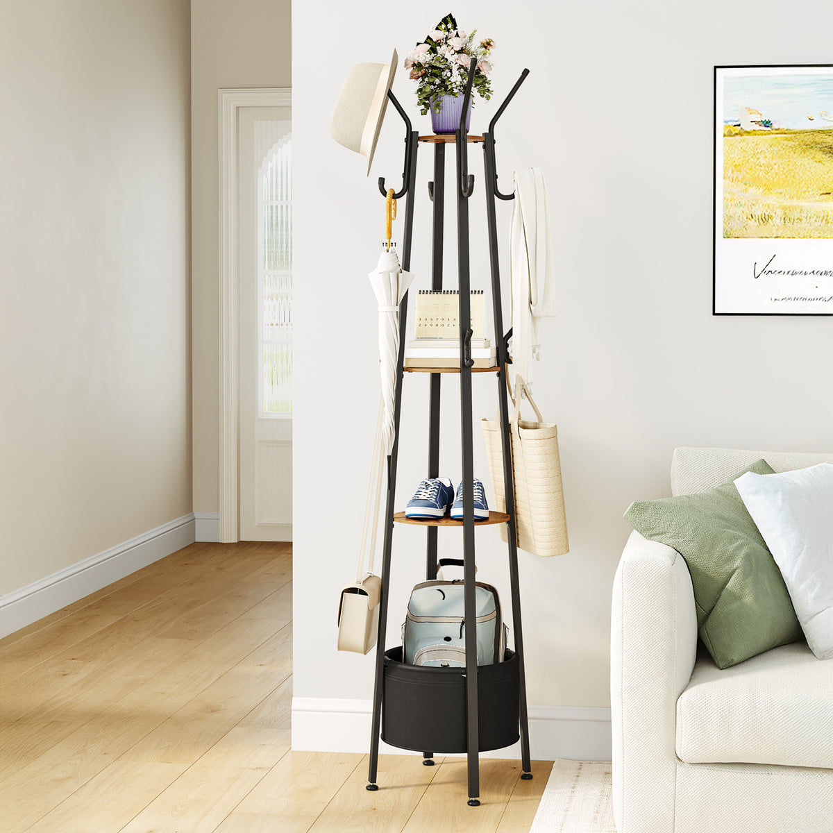 joyunite Coat Rack, Clothes Rack with Large Storage Basket, Wardrobe with 3 Shelves, 16 Hooks, for Entrance Area, Bedroom, 182.5 cm High, Brown and Black CR27301B