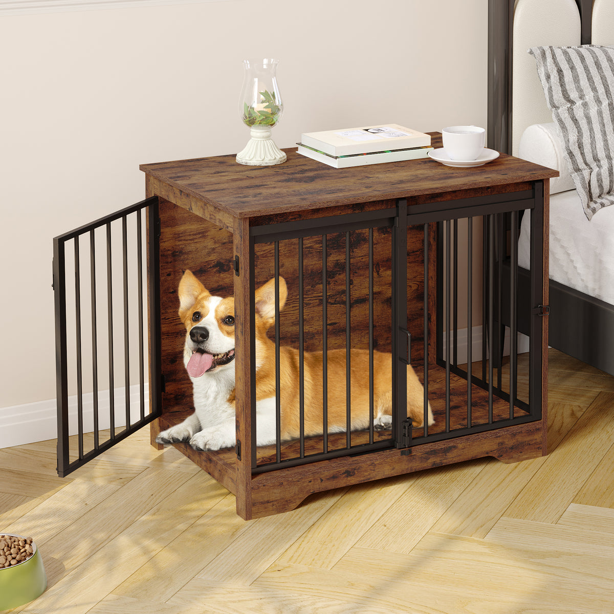 joyunite Dog Crate Furniture, 81cm Dog Box for Home Use, Sliding Doors, 2 Doors, Modern Wooden Indoor Dog Box for Small/Medium Dogs, Dog Crate for Home Use, 81 x 55 x 67.5cm, Vintage Brown DFC83601B