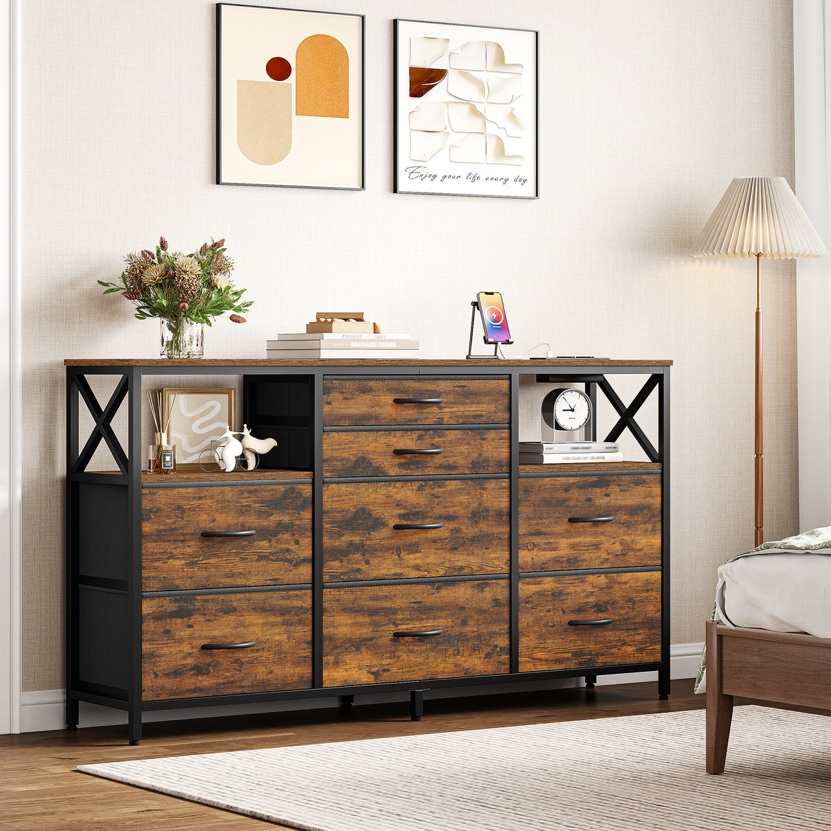 joyunite Chest of Drawers 140 cm, 2 USB & 2 AC Ports, Chest of Drawers with 8 Fabric Drawers, Versatile Storage Furniture for Living Room and Bedroom, 30 x 140 x 86 cm, Vintage DU03801B