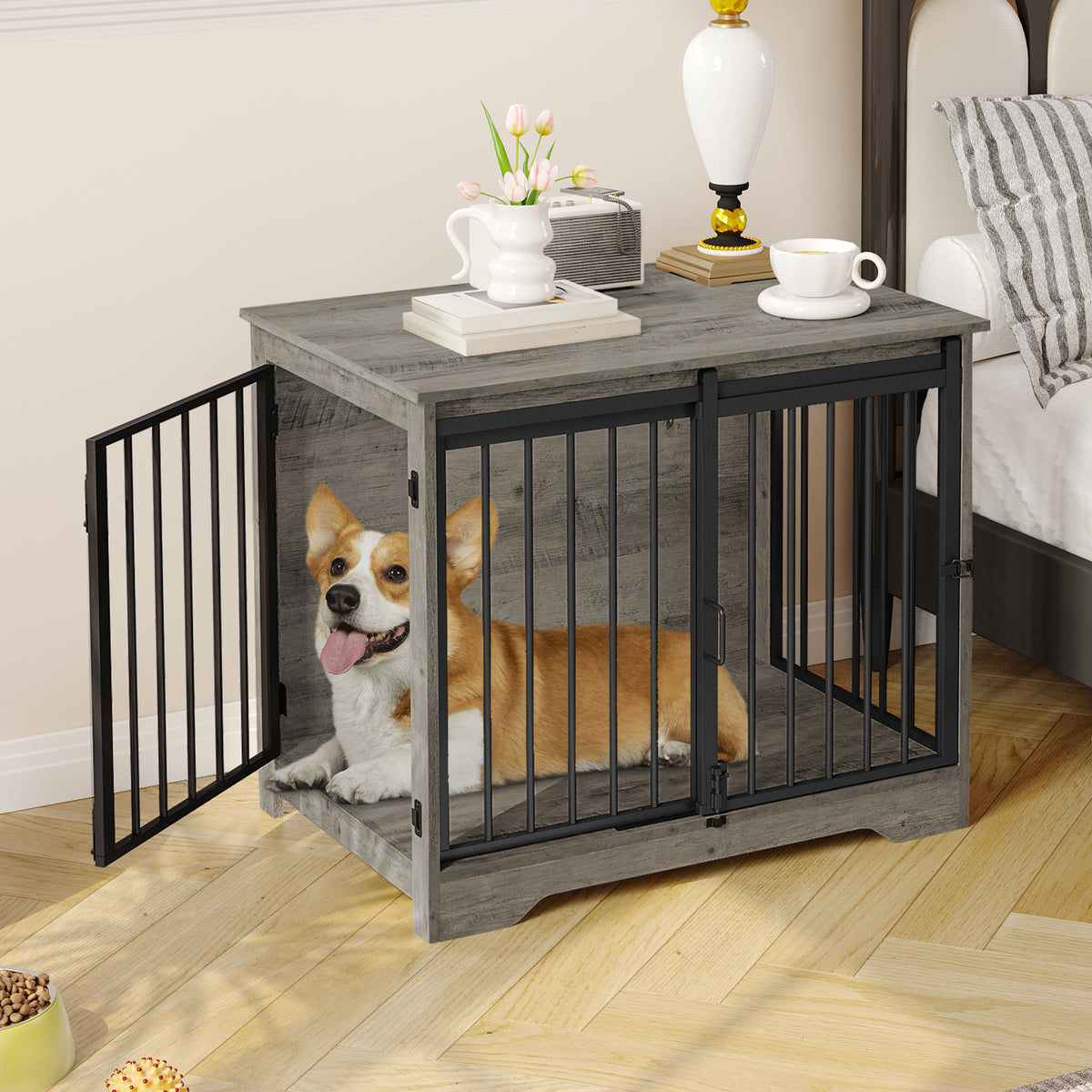joyunite Dog Crate Furniture, 81cm Dog Box for Home Use, Sliding Doors, 2 Doors, Modern Wooden Indoor Dog Box for Small/Medium Dogs, Dog Crate for Home Use, 81 x 55 x 67.5cm, Light Ivory DFC83605B