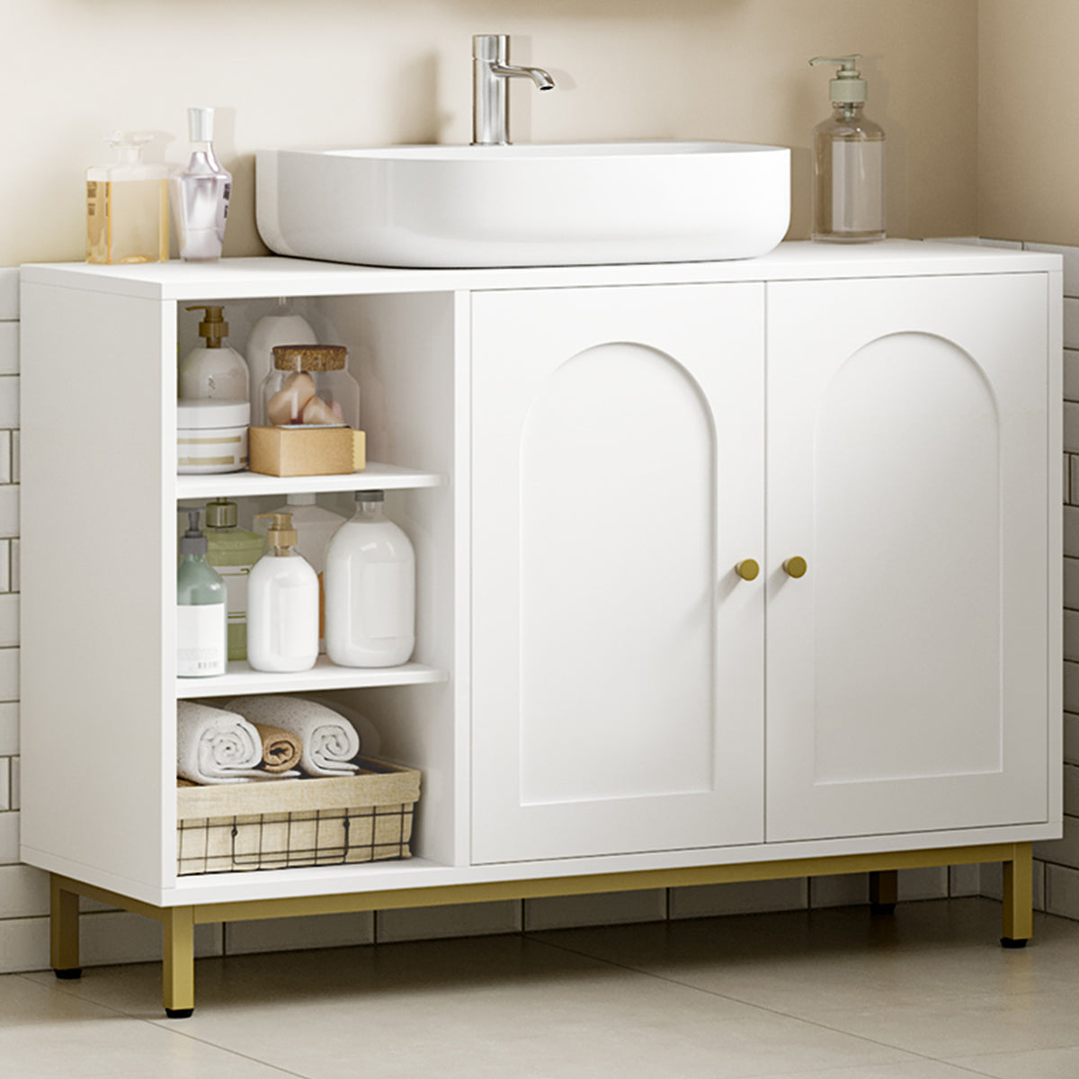 joyunite Vanity Unit, 30 x 90 x 63 cm, Base Cabinet, Vanity Unit, Bathroom Cabinet with 2 Doors, Adjustable Shelf, Ample Storage Space, Modern Style, White-Gold BC09803G