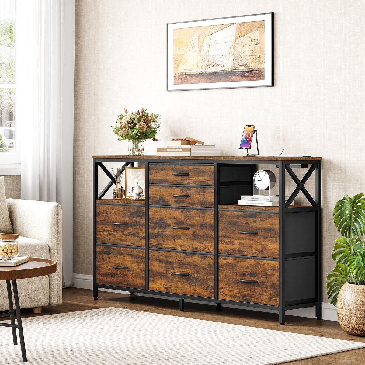 joyunite Chest of Drawers 140 cm, 2 USB & 2 AC Ports, Chest of Drawers with 8 Fabric Drawers, Versatile Storage Furniture for Living Room and Bedroom, 30 x 140 x 86 cm, Vintage DU03801B