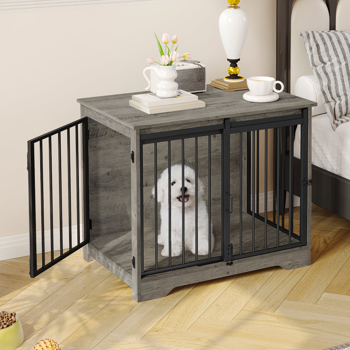 joyunite Dog Crate Furniture, 81cm Dog Box for Home Use, Sliding Doors, 2 Doors, Modern Wooden Indoor Dog Box for Small/Medium Dogs, Dog Crate for Home Use, 81 x 55 x 67.5cm, Light Ivory DFC83605B