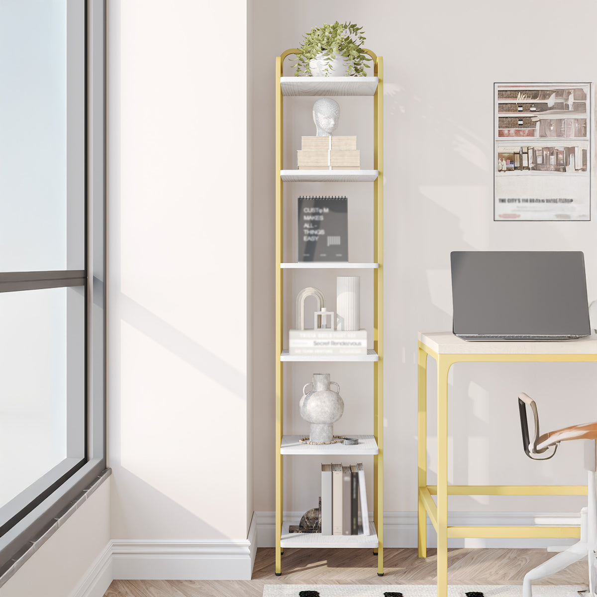 joyunite 6-Tier Bookcase Bookshelf, Narrow Tall Bookcase, Slim Wooden Shelving Unit for Bedroom, Living Room, Home Office, Sturdy, White-Gold, BC24613G