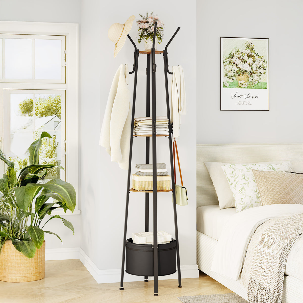 joyunite Coat Rack, Clothes Rack with Large Storage Basket, Wardrobe with 3 Shelves, 16 Hooks, for Entrance Area, Bedroom, 182.5 cm High, Brown and Black CR27301B