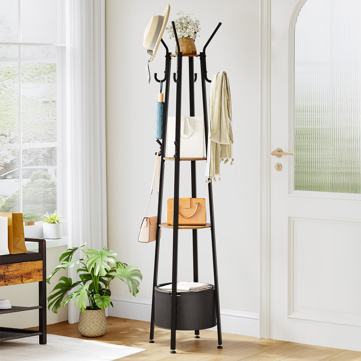 joyunite Coat Rack, Clothes Rack with Large Storage Basket, Wardrobe with 3 Shelves, 16 Hooks, for Entrance Area, Bedroom, 182.5 cm High, Brown and Black CR27301B