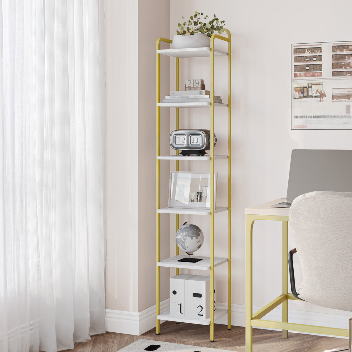 joyunite 6-Tier Bookcase Bookshelf, Narrow Tall Bookcase, Slim Wooden Shelving Unit for Bedroom, Living Room, Home Office, Sturdy, White-Gold, BC24613G