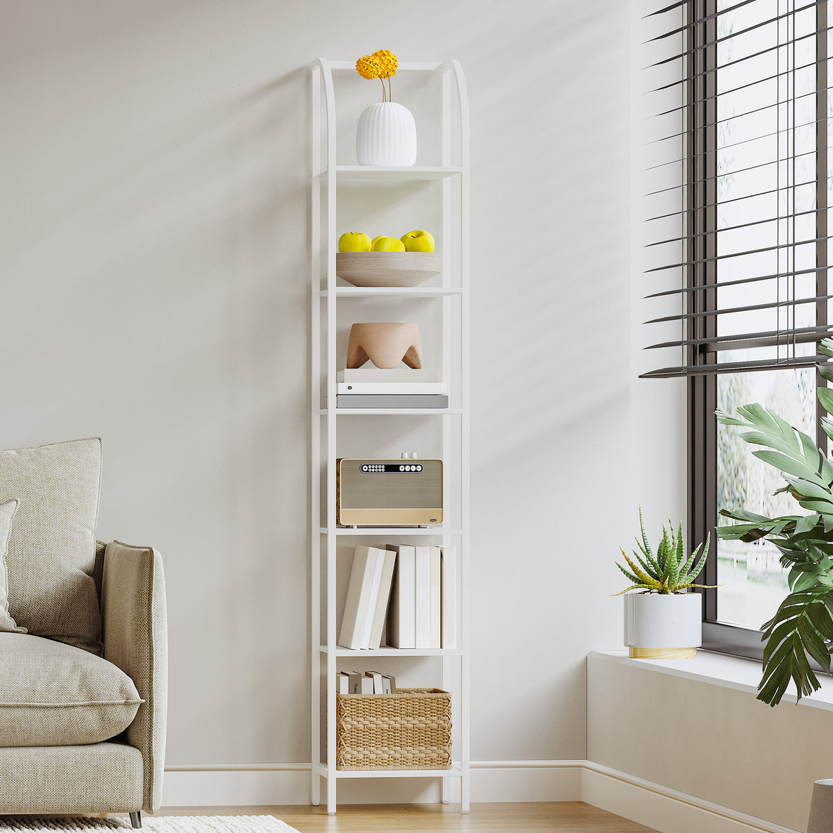 joyunite Bookcase, 6-Tier Bookshelf, Narrow Bookcase Shelving Unit for Living Room, Office, Sturdy, Bedroom, 30 x 33.6 x 182.5 cm, Industrial, White, BC56013W