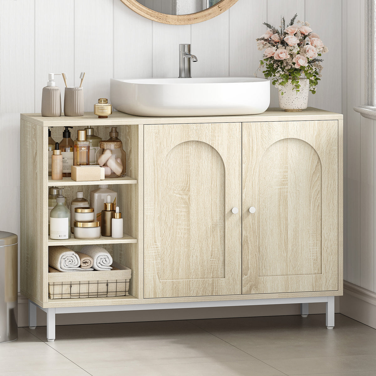 joyunite vanity unit, base cabinet, washbasin cabinet, bathroom cabinet with 2 doors, adjustable shelf, ample storage space, modern style, 30 x 90 x 63 cm, light oak BC09816W