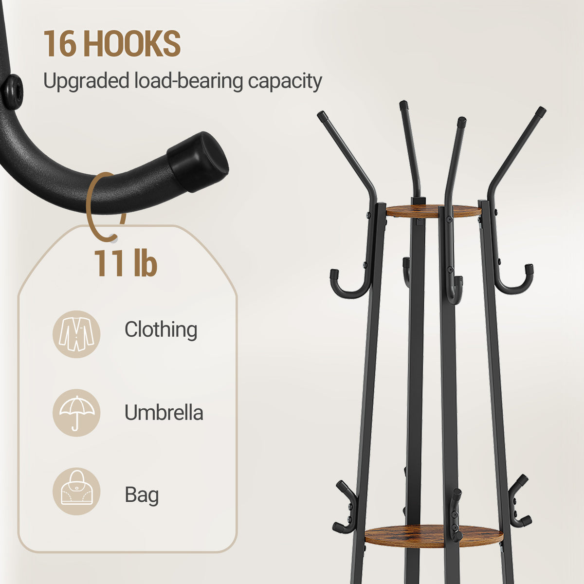 joyunite Coat Rack, Clothes Rack with Large Storage Basket, Wardrobe with 3 Shelves, 16 Hooks, for Entrance Area, Bedroom, 182.5 cm High, Brown and Black CR27301B