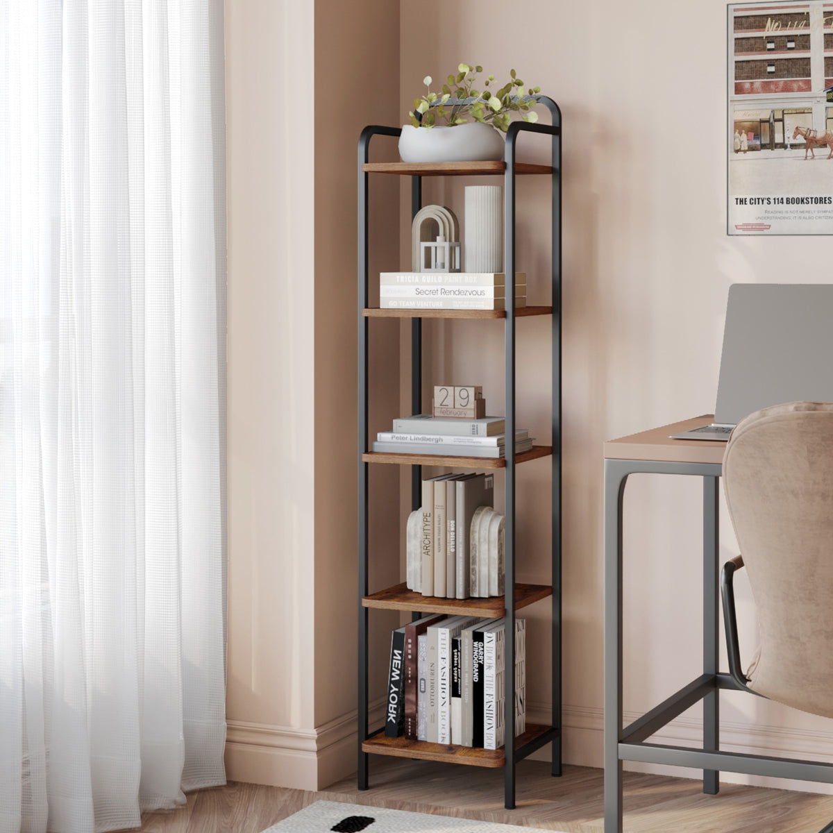 joyunite 5-Tier Bookcase Bookshelf, Narrow Tall Bookcase, Slim Wooden Shelving Unit for Bedroom, Living Room, Home Office, Sturdy, Rustic Brown and Black, BC24501B