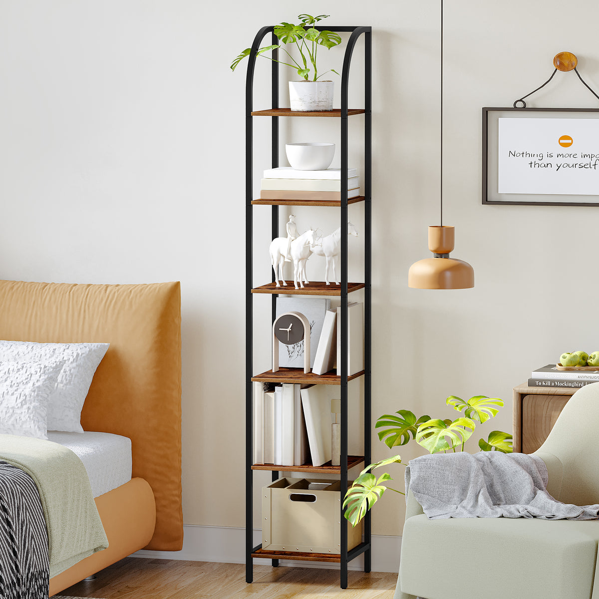 joyunite Bookcase, 6-Tier Bookshelf, Narrow Bookcase Shelving Unit for Living Room, Office, Sturdy, Bedroom, 30 x 33.6 x 178 cm, Industrial, Rustic Brown and Black, BC56001B