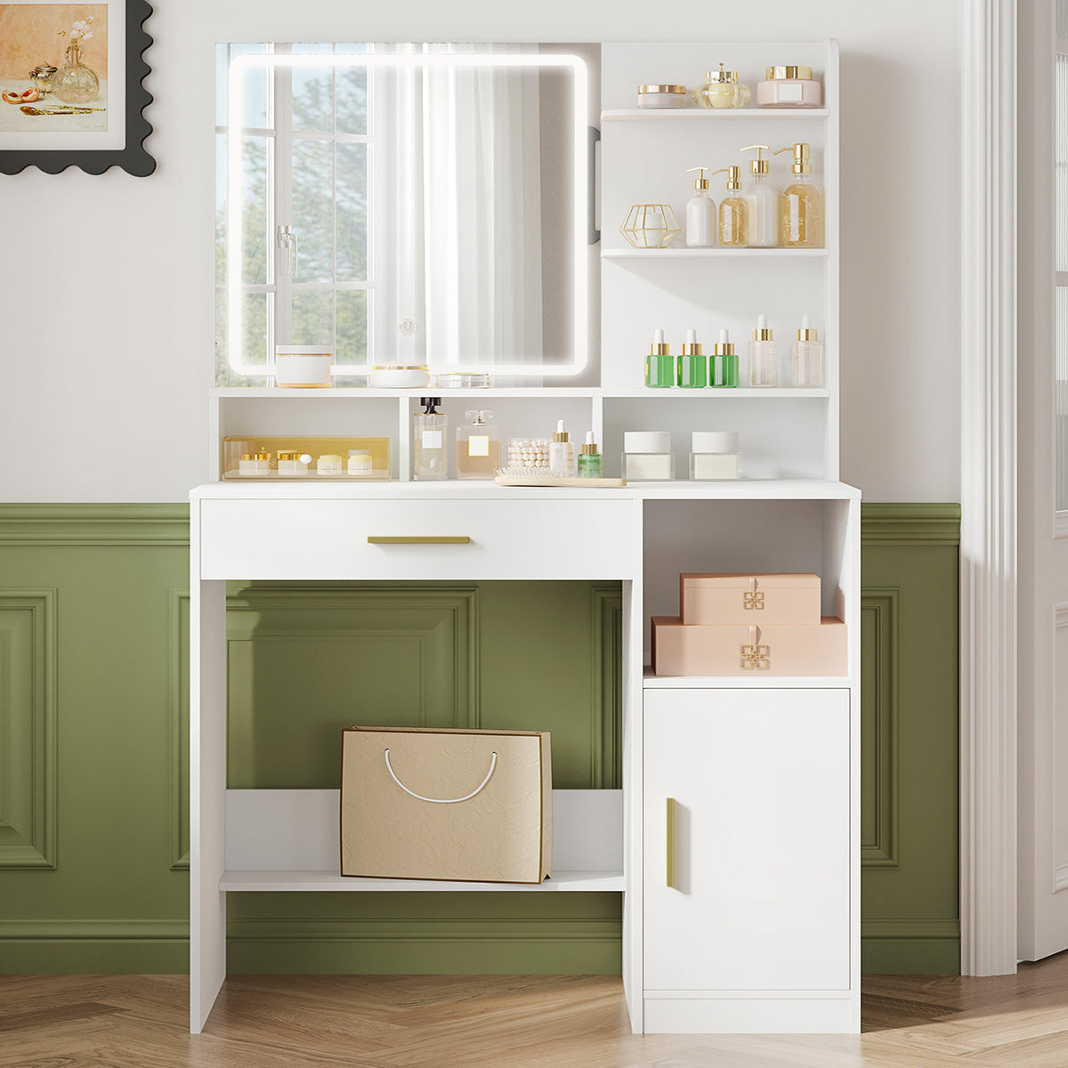 joyunite dressing table with mirror and LED light, with 3 shelves and 4 open compartments, dressing table with large drawers and cabinets, 3-way adjustable lighting, white DT42103X