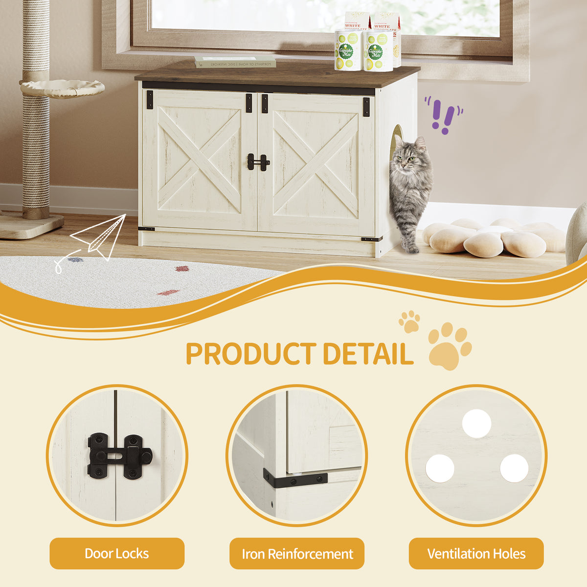 joyunite Cat Litter Box Enclosure, Hidden Litter Box Furniture with Detachable Dividers, Reversible Entrance Left or Right Side, Wooden Cat House, 80 x 50 x 54 cm, Rustic Brown and White CB86614X