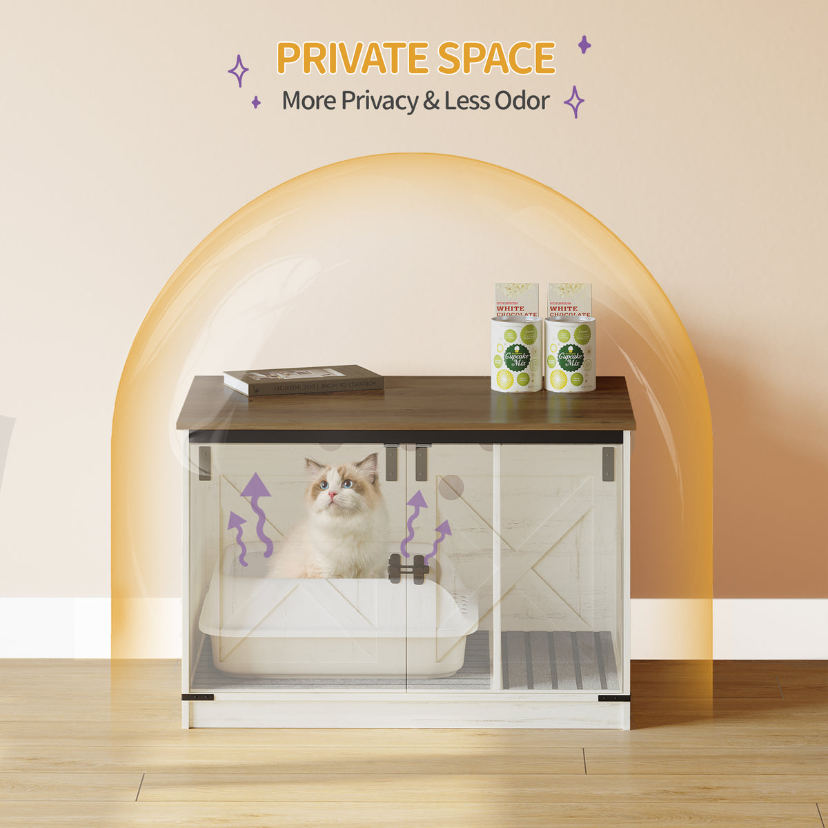 joyunite Cat Litter Box Enclosure, Hidden Litter Box Furniture with Detachable Dividers, Reversible Entrance Left or Right Side, Wooden Cat House, 80 x 50 x 54 cm, Rustic Brown and White CB86614X