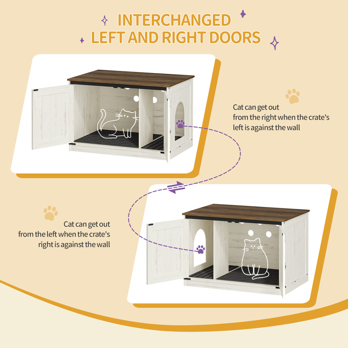 joyunite Cat Litter Box Enclosure, Hidden Litter Box Furniture with Detachable Dividers, Reversible Entrance Left or Right Side, Wooden Cat House, 80 x 50 x 54 cm, Rustic Brown and White CB86614X
