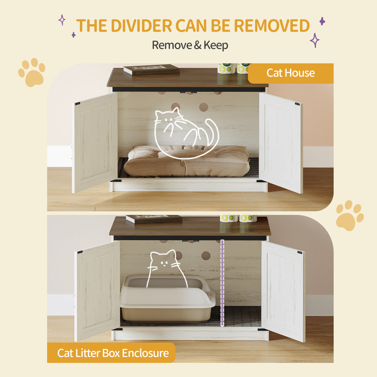 joyunite Cat Litter Box Enclosure, Hidden Litter Box Furniture with Detachable Dividers, Reversible Entrance Left or Right Side, Wooden Cat House, 80 x 50 x 54 cm, Rustic Brown and White CB86614X