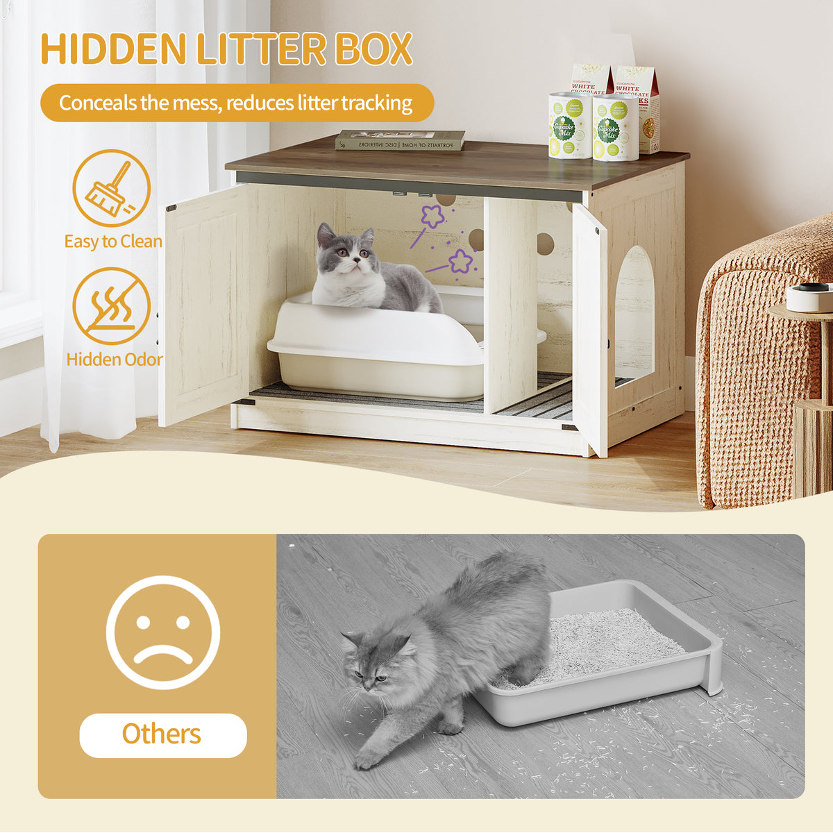 joyunite Cat Litter Box Enclosure, Hidden Litter Box Furniture with Detachable Dividers, Reversible Entrance Left or Right Side, Wooden Cat House, 80 x 50 x 54 cm, Rustic Brown and White CB86614X