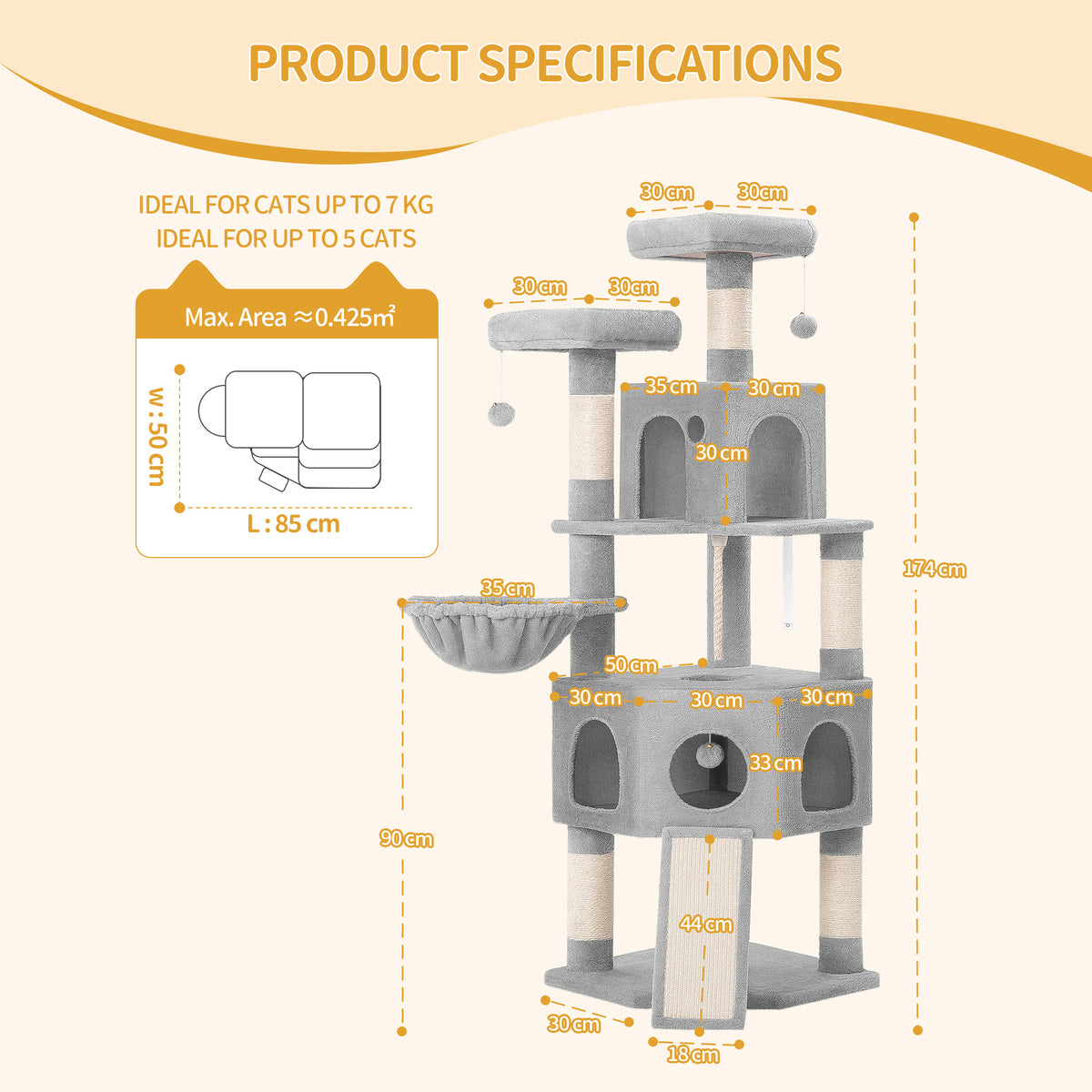 joyunite Cat Tree for Indoor Cats, 174cm Cat Tower for Large Cats, 2 Platforms, 2 Caves, 4 Sisal Posts, Scratching Board, Cat Basket, Sisal Rope, Heavy-Duty for multiple cats, Light Grey MS17418LG