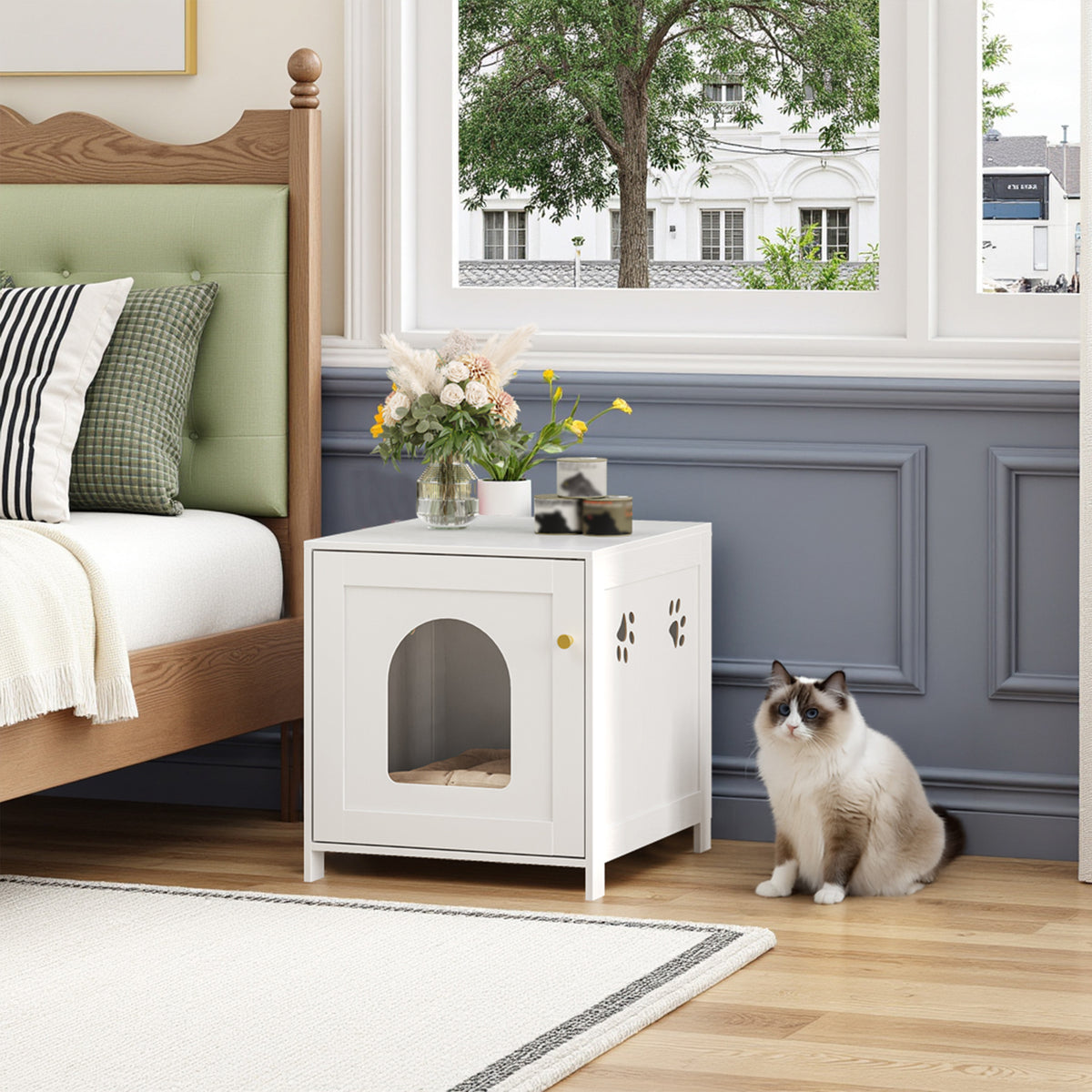 joyunite Cat Litter Box Enclosure, 52 cm L Hidden Litter Box Furniture, Wooden Indoor Pet House with Front Arched Door, Side End Table, Nightstand for Living Room, Bedroom, White CB82213X
