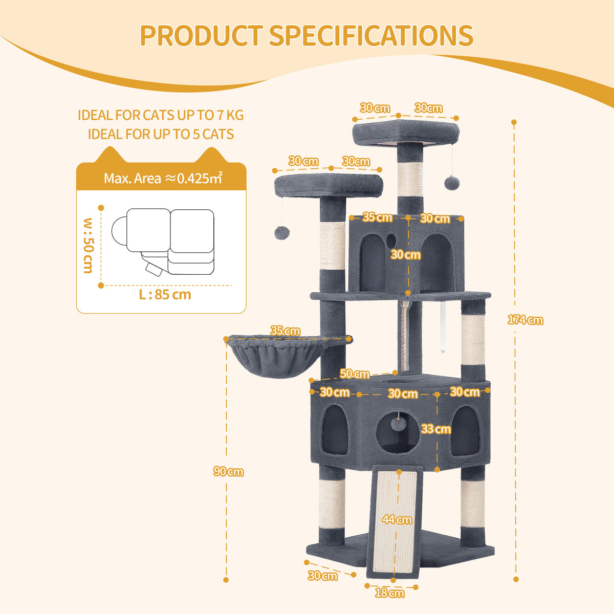 joyunite Cat Tree for Indoor Cats, 174cm Cat Tower for Large Cats, 2 Platforms, 2 Caves, 4 Sisal Posts, Scratching Board, Cat Basket, Sisal Rope, Heavy-Duty for multiple cats, Dark Grey MS17418SG
