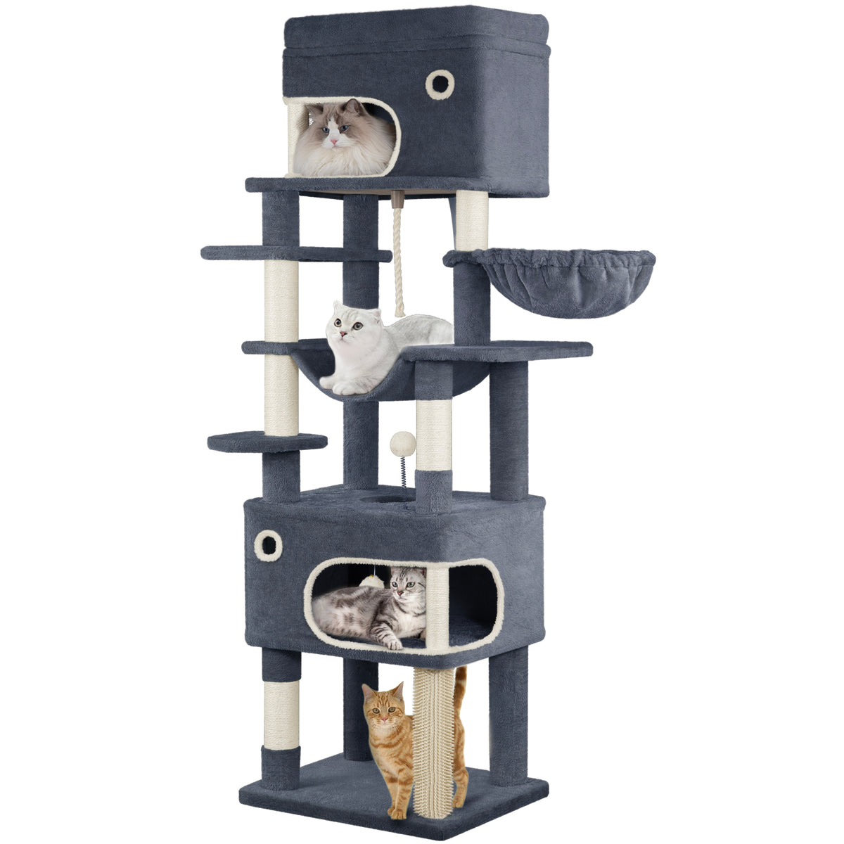 joyunite 178 cm Cat Tree for Indoor Cats, Multi-layer Scratching Post with Large Platform, 2 Caves, 7 Sisal Posts, Pompoms, Cat Basket, Hammock, Suitable for Cats, Dark Grey MS17818SG