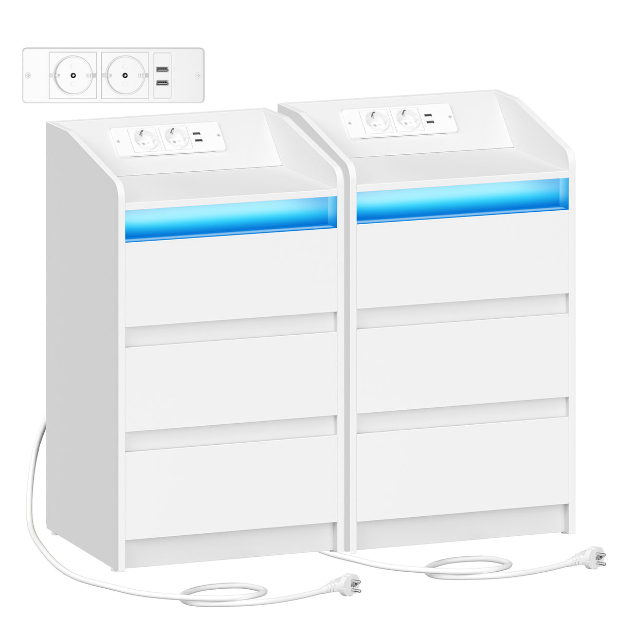 joyunite Nightstand with Charging Station & LED, 3 Drawers, 2 AC Outlets & 2 USB Ports, White