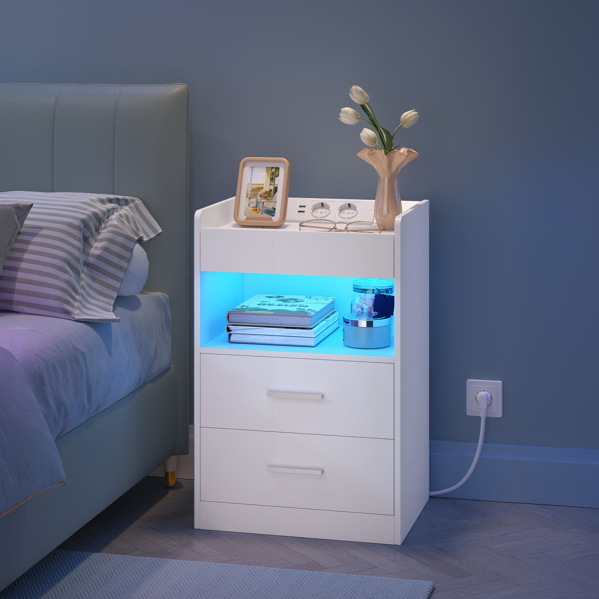 joyunite Bedside Table with Tray, Bedside Table with Charging Function & LED Lighting, 2 Drawers, Modern, for Bedroom, Living Room, 35 x 40 x 64 cm, White NS33503XEU Visit the joyunite Store