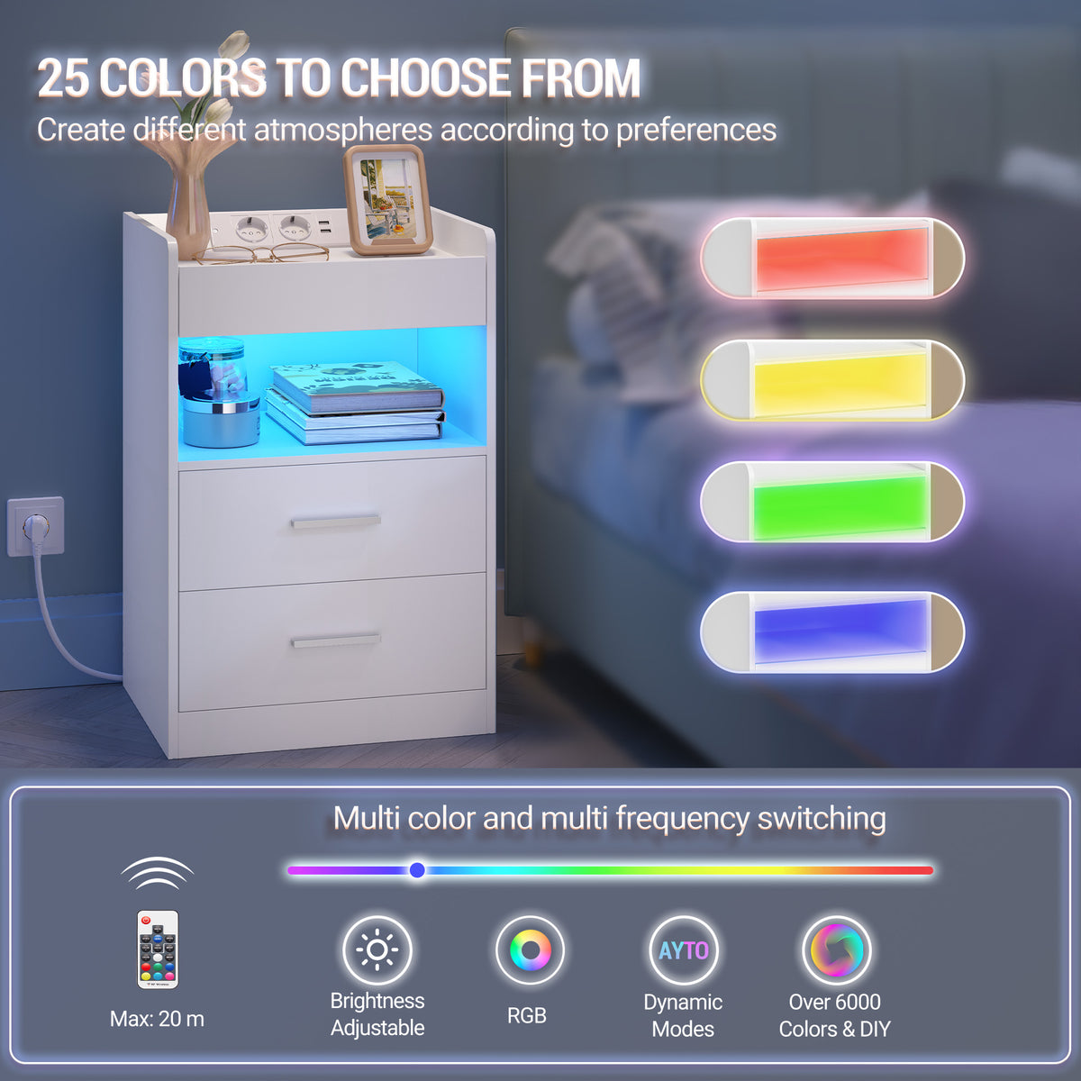 joyunite Bedside Table with Tray, Bedside Table with Charging Function & LED Lighting, 2 Drawers, Modern, for Bedroom, Living Room, 35 x 40 x 64 cm, White NS33503XEU Visit the joyunite Store