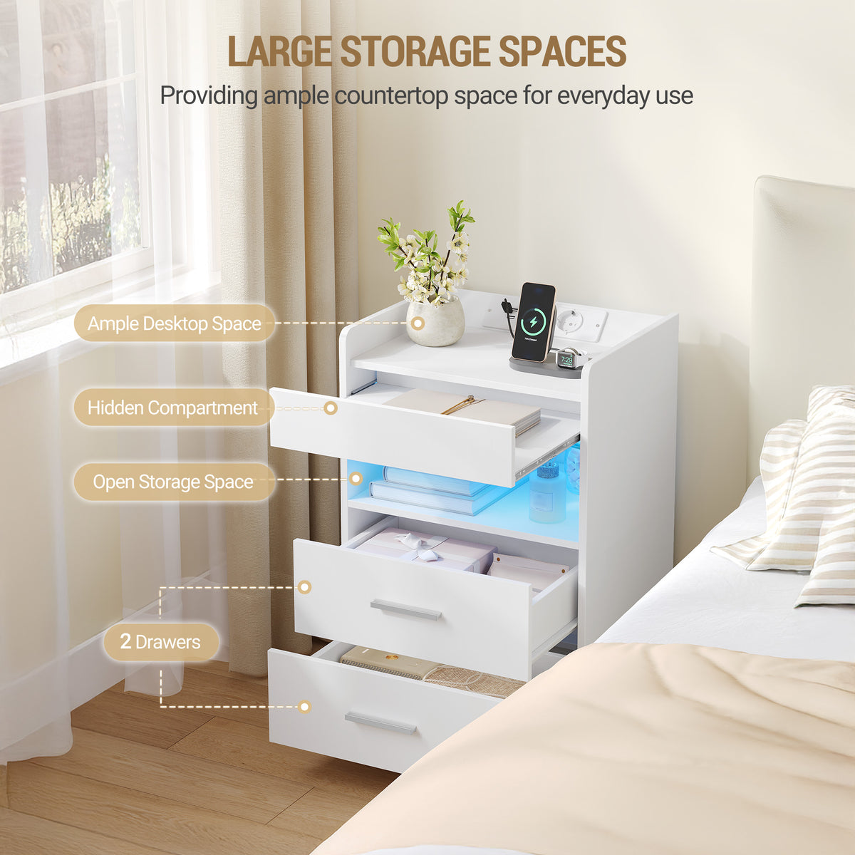 joyunite Bedside Table with Tray, Bedside Table with Charging Function & LED Lighting, 2 Drawers, Modern, for Bedroom, Living Room, 35 x 40 x 64 cm, White NS33503XEU Visit the joyunite Store