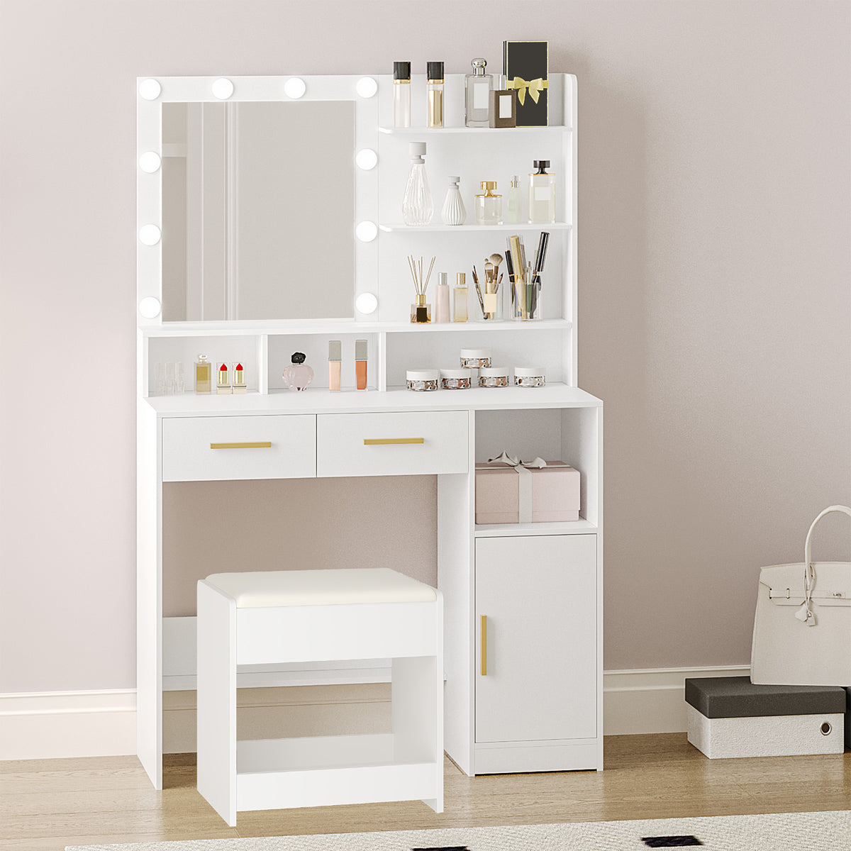 HEXCELEN Dressing Table with LED Lights Mirror, Adjustable Brightness, 2 Drawers & Cabinet, White