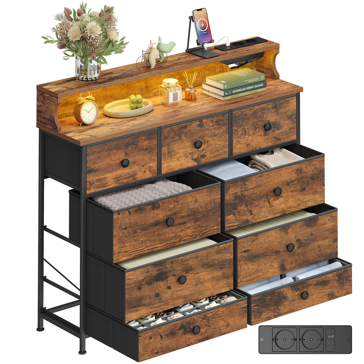 joyunite Chest of Drawers, 9 Drawers, LED Light Strip, 2 USB & 2 AC Ports, Versatile Storage Furniture for Living Room and Bedroom, 30 x 100 x 95 cm, Vintage Brown DU02901B